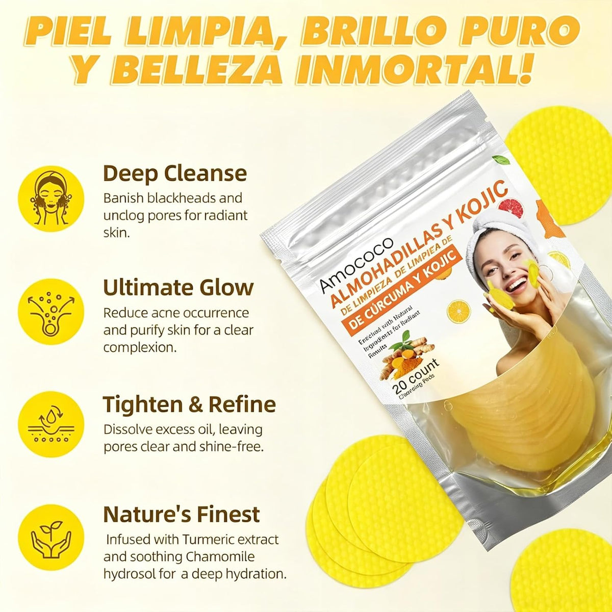 20 Pcs Turmeric & Kojic Acid Cleansing Pads — Deep Pore Cleansing