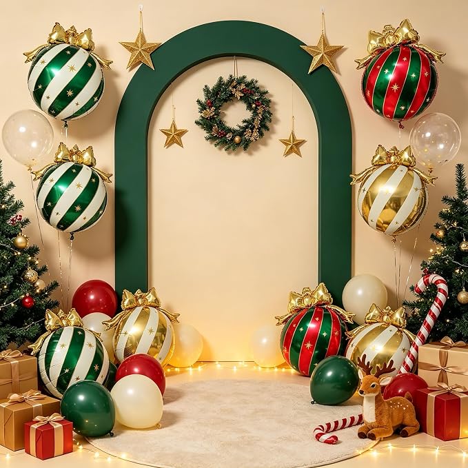 10Pcs Christmas Bow Ornament Foil Balloons Set, Red Green Gold White Striped Bauble Balloons