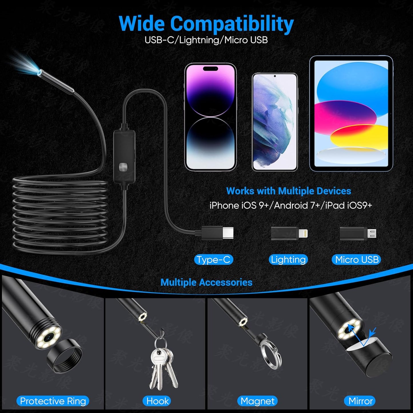 Endoscope Camera with Light,1920P HD Borescope with 6 Adjustable LED Lights, IP67 Waterproof Inspection Borescope