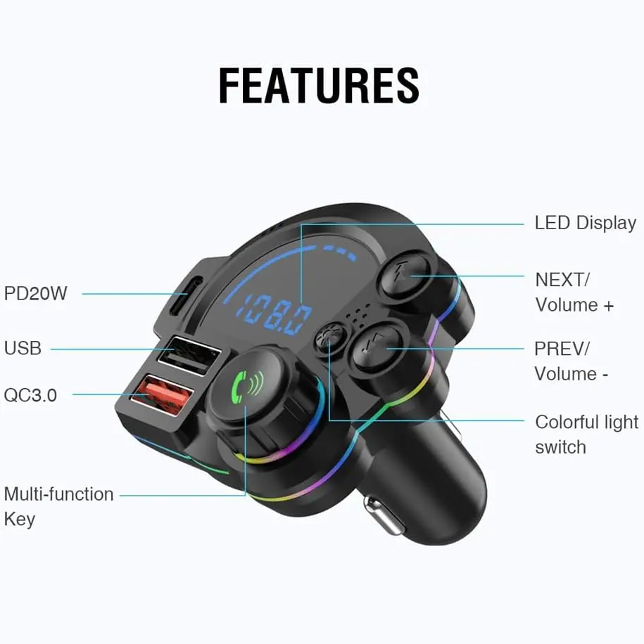 Bluetooth 5.3 FM Transmitter for car, car Bluetooth Adapter QC3.0 & PD20W