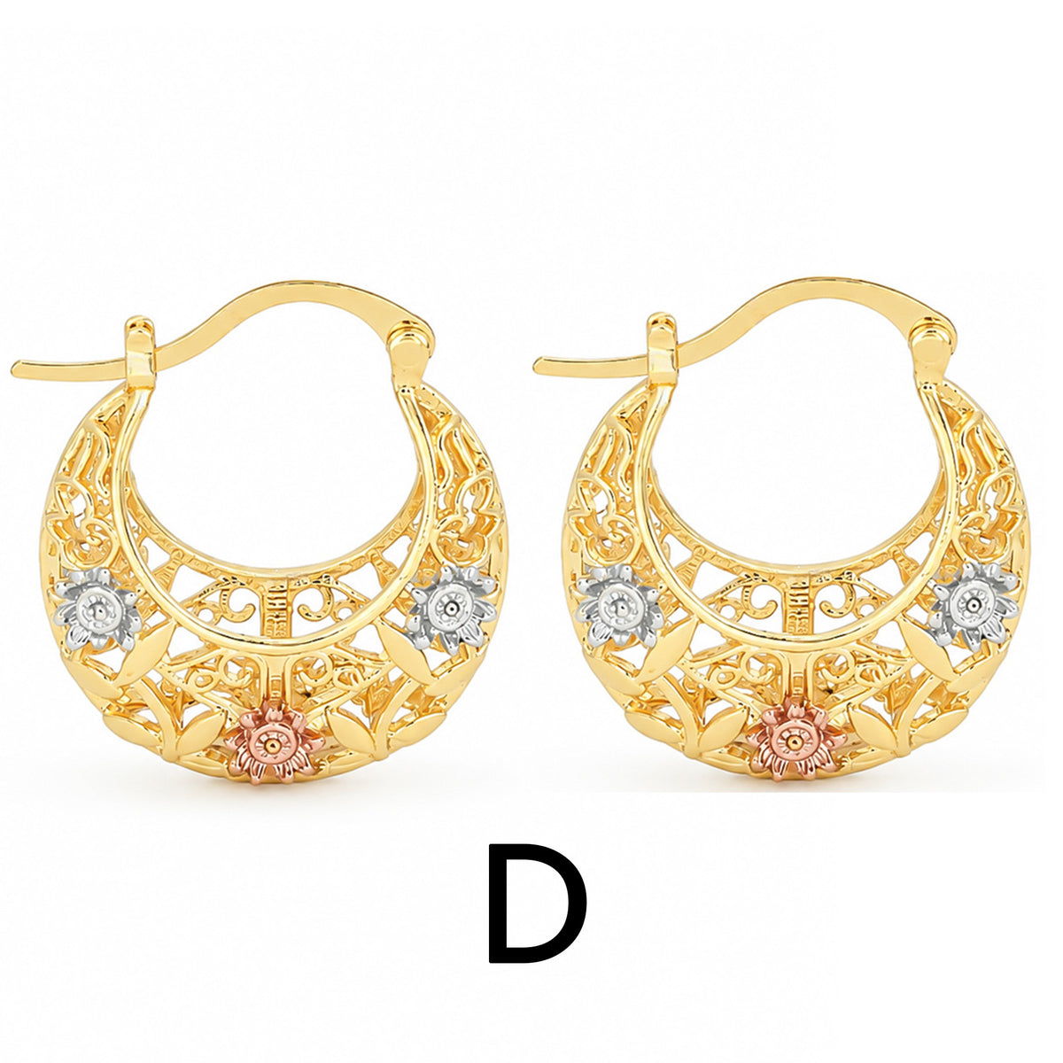 Gold Plated Crescent Moon Earrings with Colorful Enamel Flowers