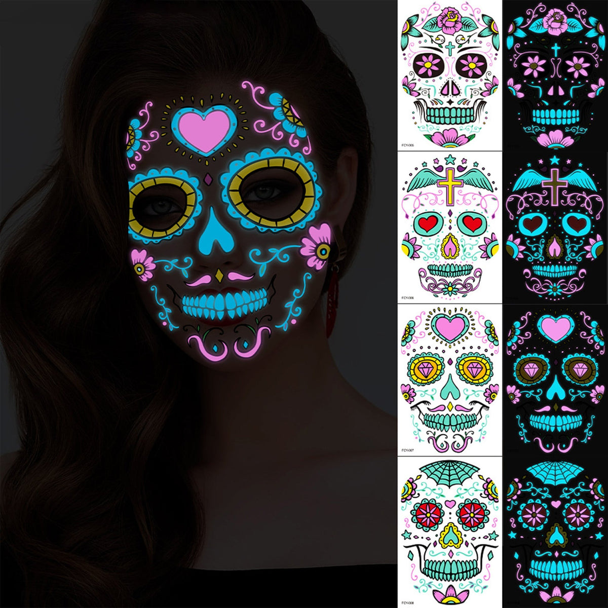 4pcs Halloween Glow Tattoos - UV Reactive Sugar Skull Face Decals
