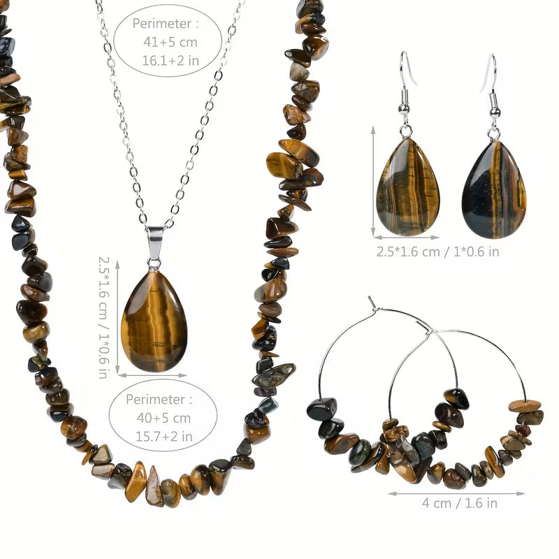 Vintage Tiger Eye Stone Necklace Earrings Jewelry Set