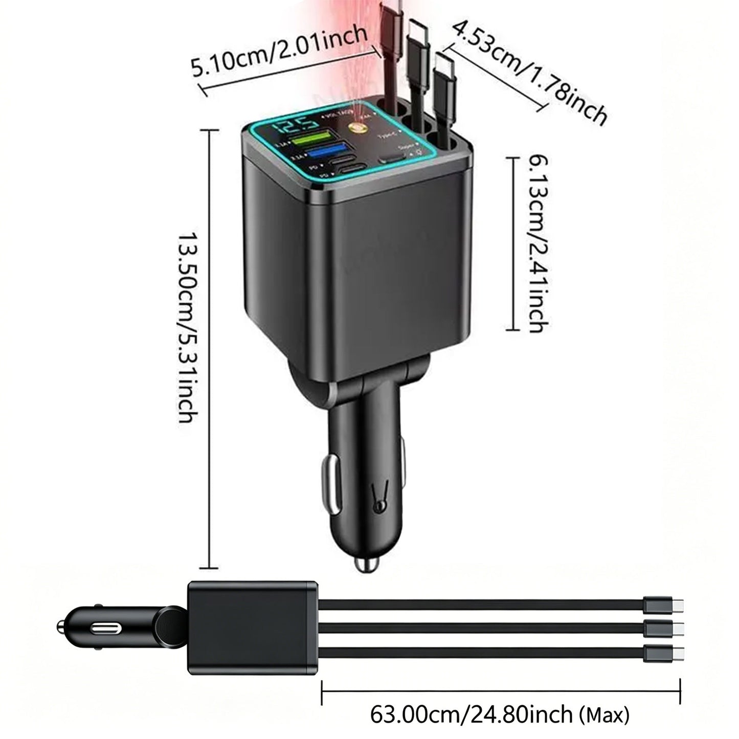 7-in-1 Retractable Car Charger: 120W Max Fast Charging Station with 3 Cables