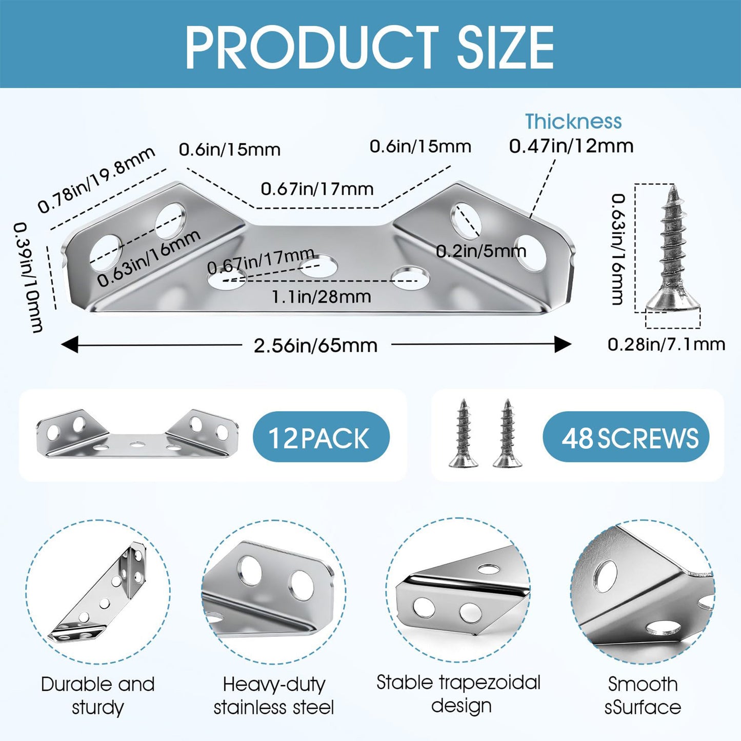 12 Pack Universal Stainless Steel Furniture Corner Connectors with Screws