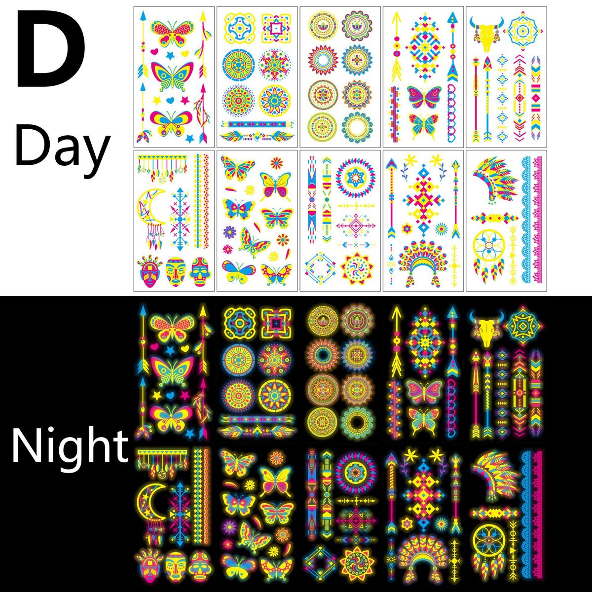 20 Sheets Glow in the Dark UV Blacklight Temporary Tattoos for Adults & Teens