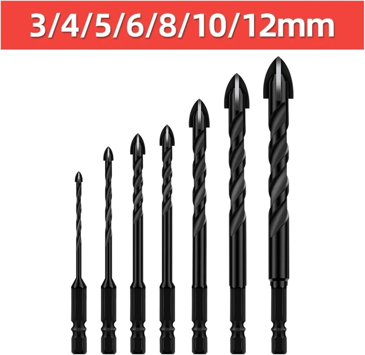 7pcs Hex Drill Bit Set Multifunction Drill Bits Kit, 3-12mm for Concrete Porcelain Tile Glass Metal Power Tools Drilling Use