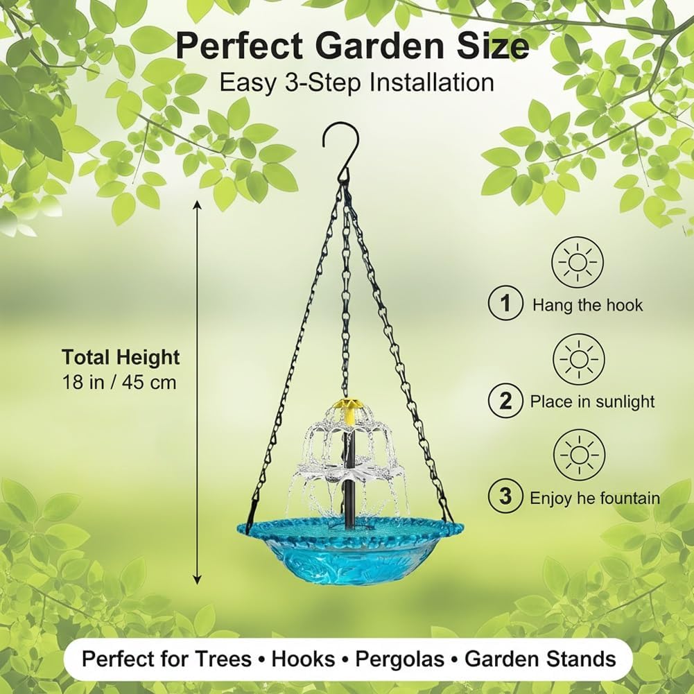 Hummingbird Bath Garden Fountain with Solars Powered Pump and Glass Bowl for Outside Backyard