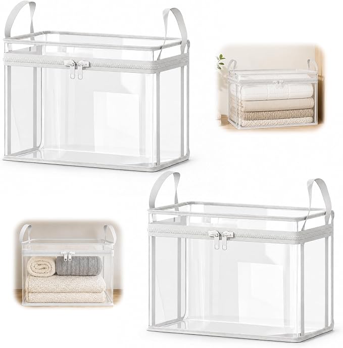 2 Pack Large Clear Thick Plastic Storage Box with Hinged Lid. for Clothes, Blankets and Books