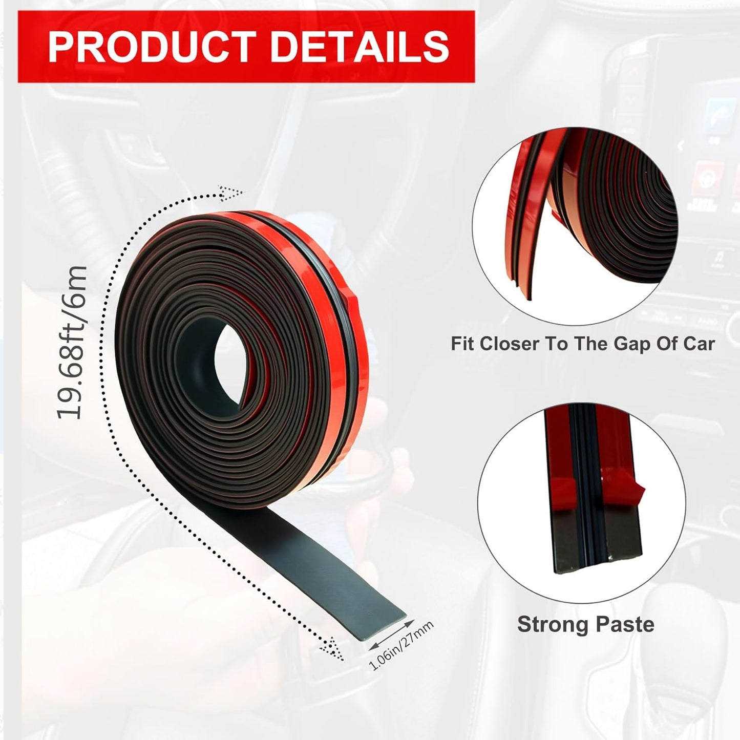 19.68Ft Car Windshield Weather Stripping, T Shape Adhesive Rubber Sealing Strip