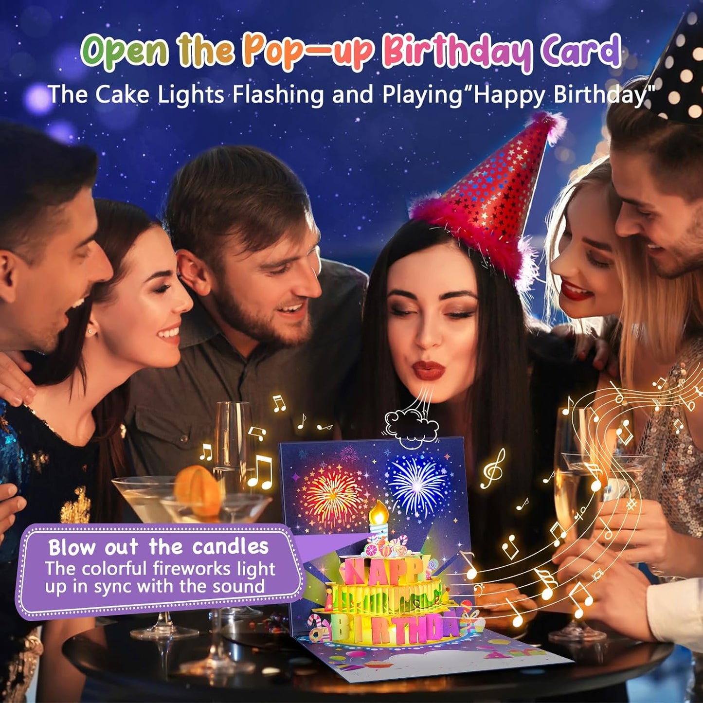 Blowable Birthday Cards 3D Pop Up Fireworks Cake Light and Music Happy Birthday Card Gifts