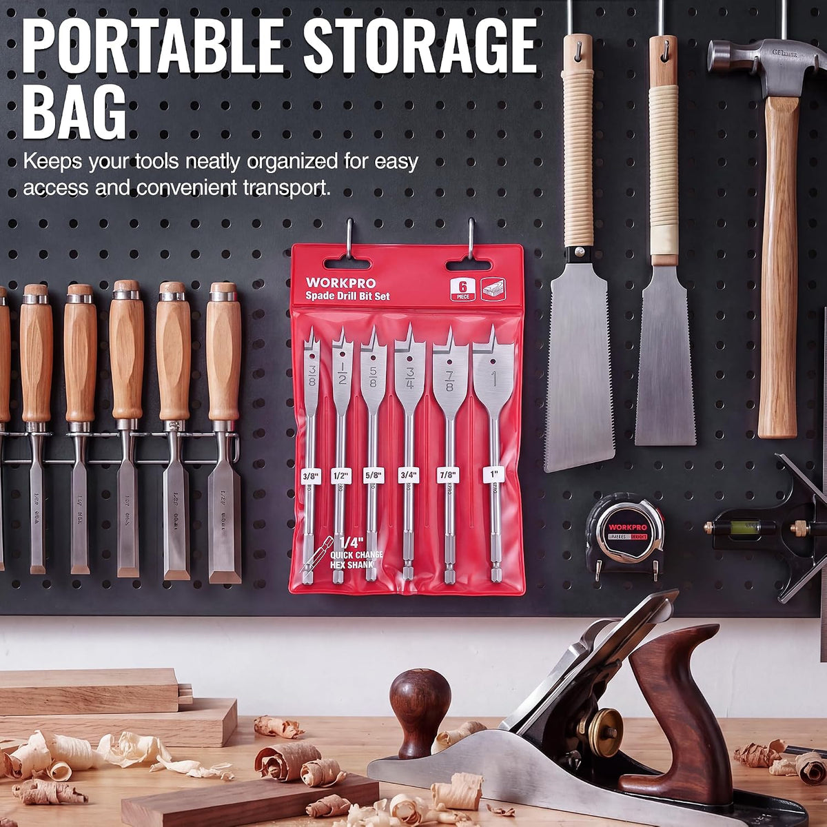 6-Piece Spade Carbon Steel Paddle Bits for Woodworking, 1/4" Hex Shank, 3/8" to 1"