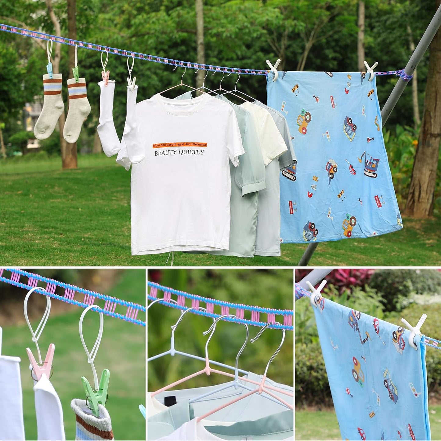 3-Pack Windproof Clothesline with Hooks – Super Strong and Durable