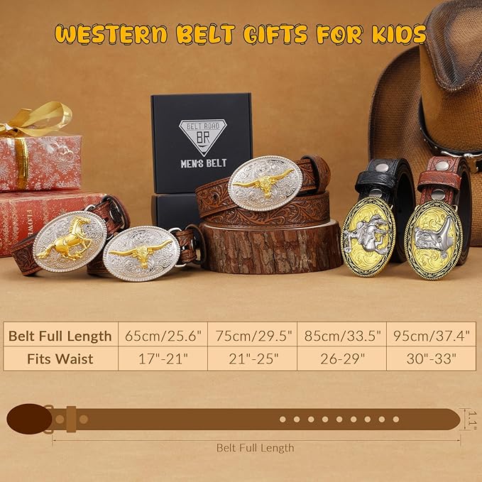 Embossed Cowboy Genuine Leather Kid Western Buckle Belts for Jeans Gifts