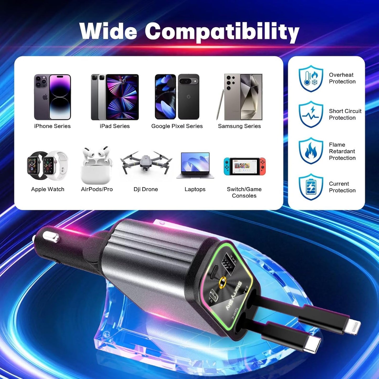 4 in 1 Retractable Car 120W Charger with Starlight