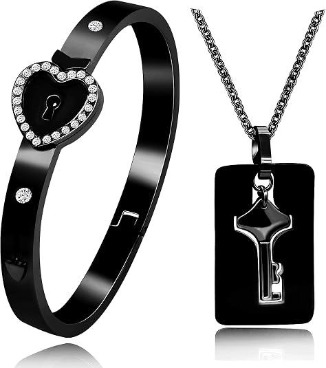 Lock Bracelet and Key Necklace Titanium Steel Couples Jewelry, Romantic Gift for Valentines Day, Birthday, Christmas, Wedding, Anniversary
