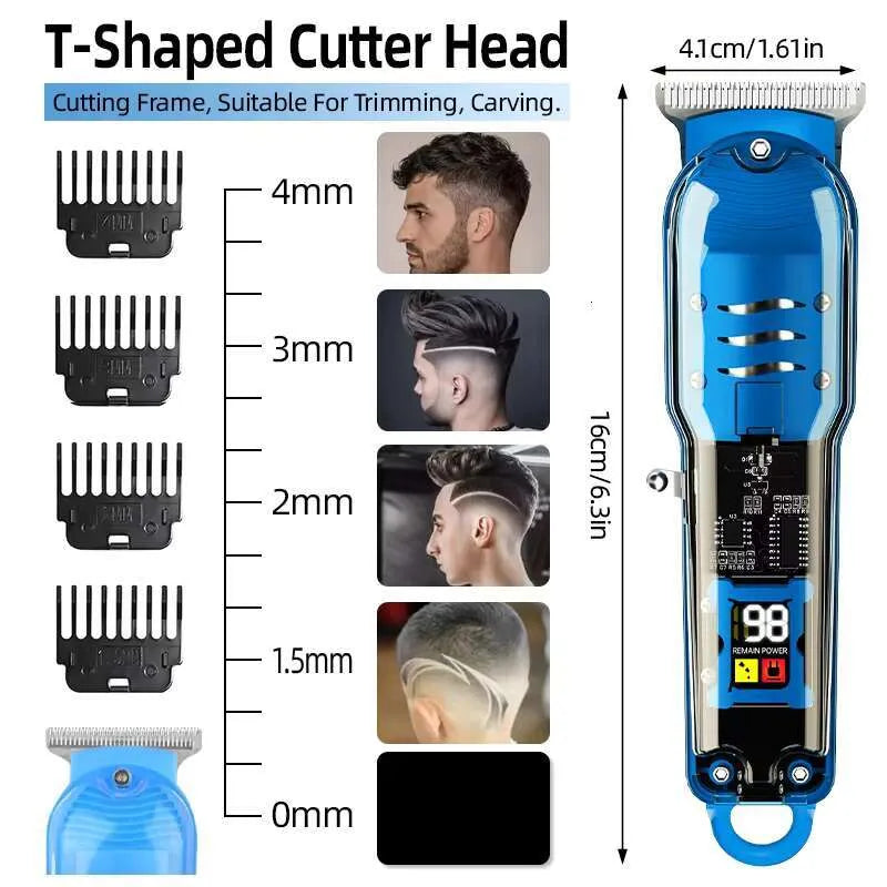 Professional Cordless Hair Clippers: Transparent Electric Hair Trimmer Set with 0 Pitch Light