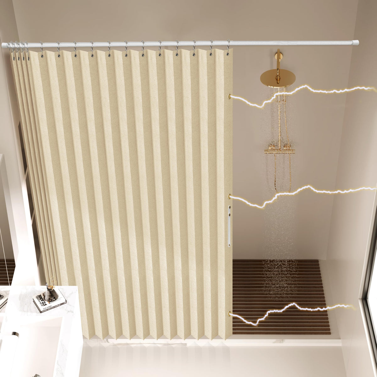 Folding Magnetic Waterproof Shower Curtain with Hooks, Acordion Polyester Shower Curtains for Bathroom