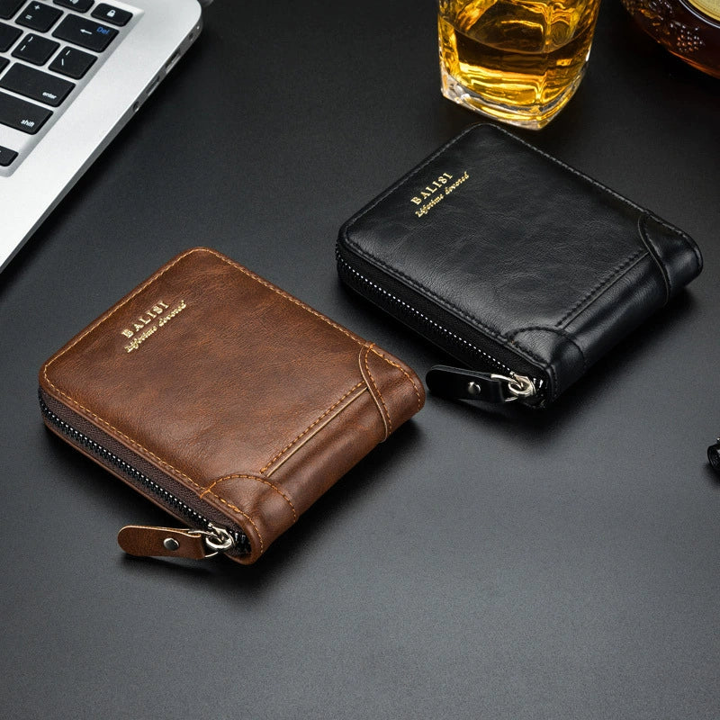 Men's Leather Zip Around Wallet ID Card Window Secure Zipper Bifold RFID