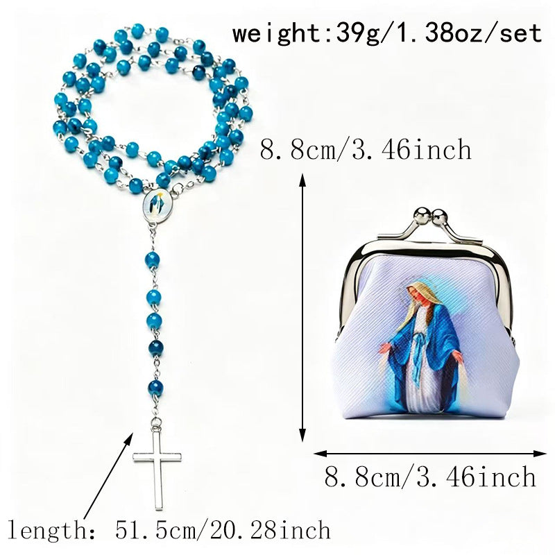 Virgin Mary Coin Purse with Rosary Beads Catholic Prayer Charm