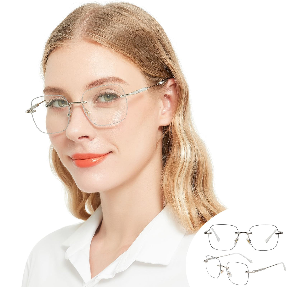 2 Packs Rimless Blue Light Blocking Reading Glasses for Women, Sparkling Metal Computer Readers