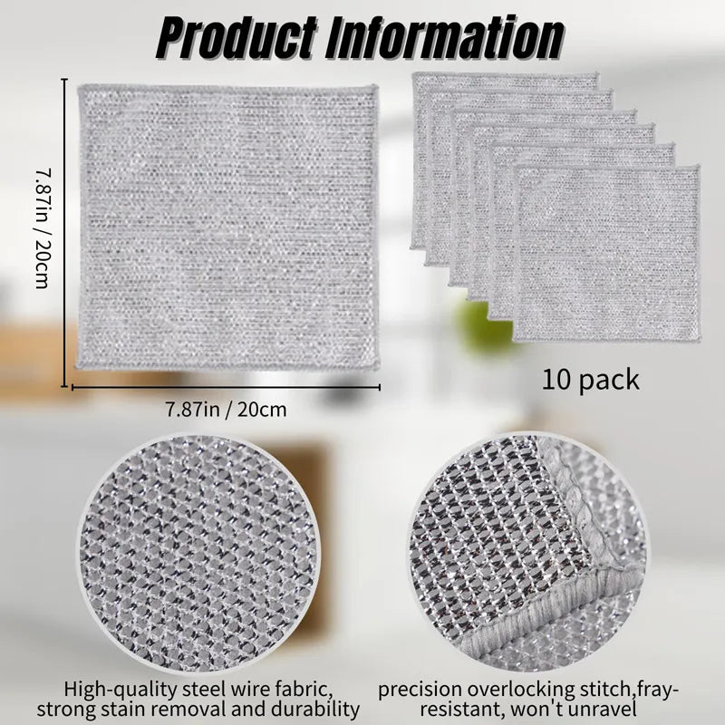 10pcs Magic Dishcloth Double Layer Silver Wire Cleaning Kitchen Cloth