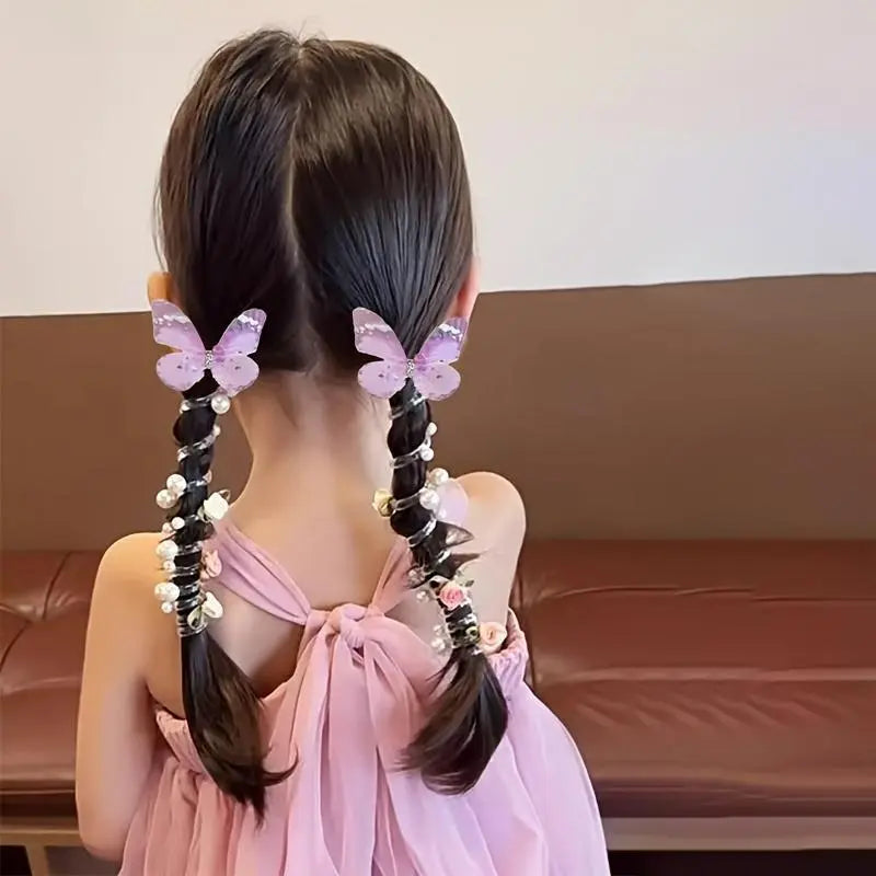 3-Piece Mesh Butterfly Telephone Cord Hair Ties - Beaded Flower Design Hair Accessories Sets