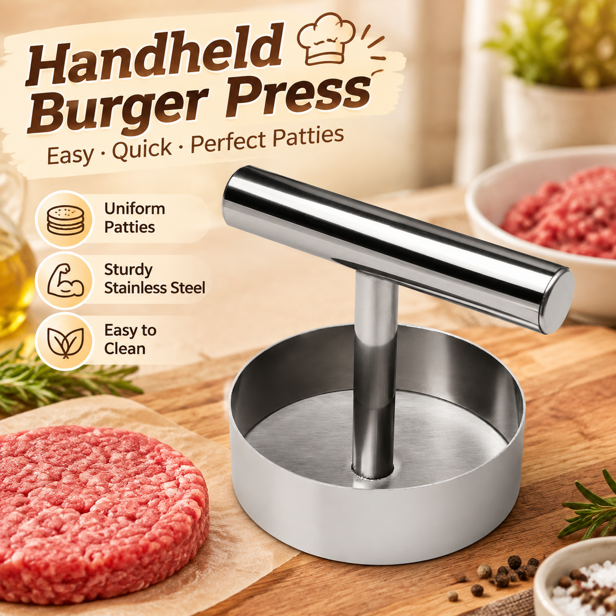 Manual Stainless Steel Burger Patty and Dough Press