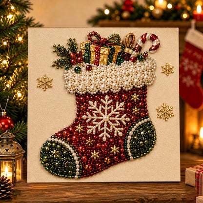 3D Beaded Christmas Pearl Diamond Painting, Xmas Wreath Stocking Mosaic Art, Stress Relief DIY Home Wall Decoration