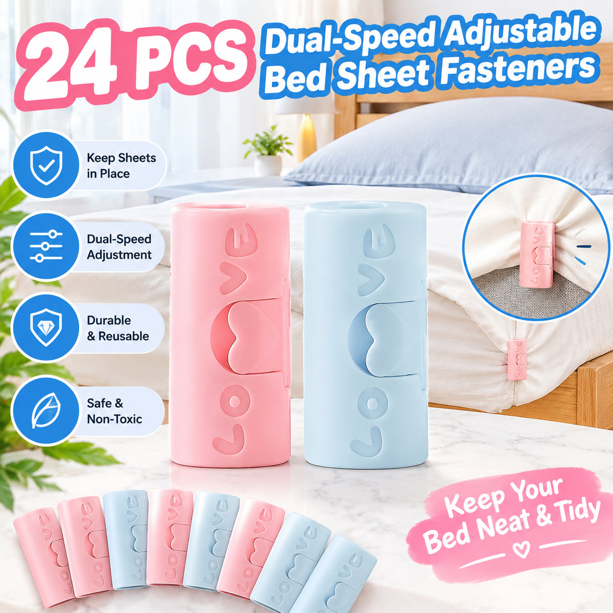 24 Pcs Two-Speed Adjustment Sheet Grippers -Anti-Slip Clips for Beds Prevent Sliding Falling Out