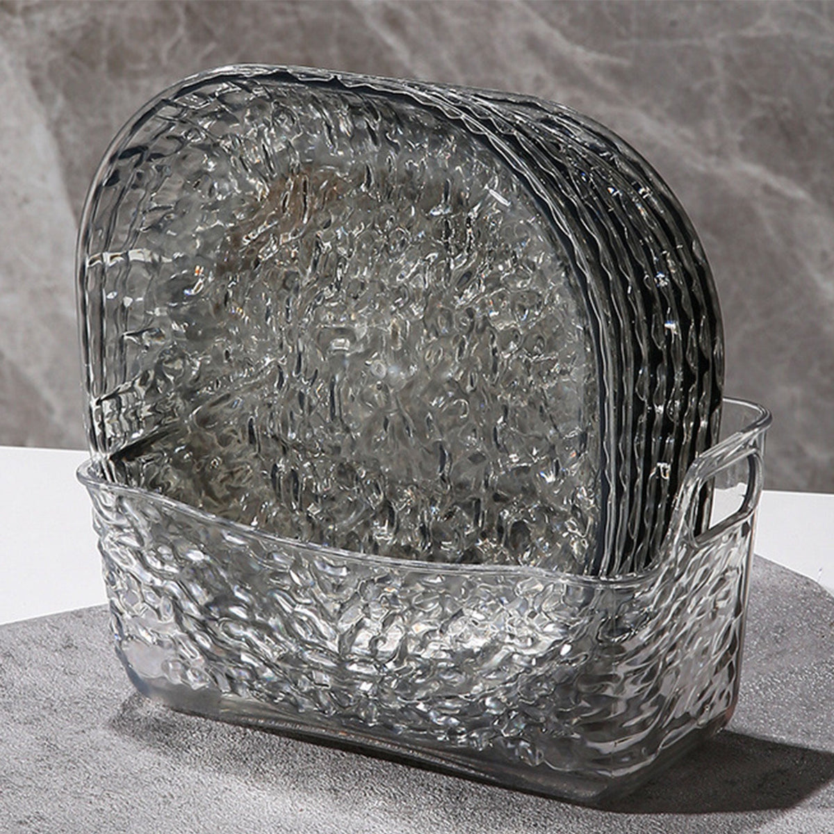 8Pcs Dinner Plates Set with Draining Rack ,Transparent Dinner Dishes Water Ripple Salad Plate
