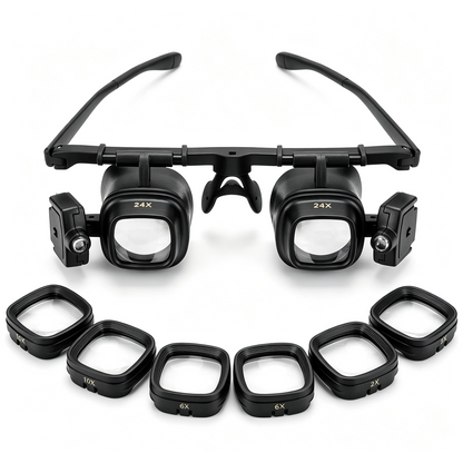 24X Headband Magnifying Glasses with 2 LED Lights 4 Sets of Interchangeable Lenses(2X, 6X, 10x, 24x)