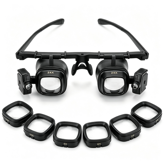 24X Headband Magnifying Glasses with 2 LED Lights 4 Sets of Interchangeable Lenses(2X, 6X, 10x, 24x)