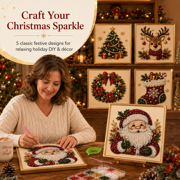 3D Beaded Christmas Pearl Diamond Painting, Xmas Wreath Stocking Mosaic Art, Stress Relief DIY Home Wall Decoration
