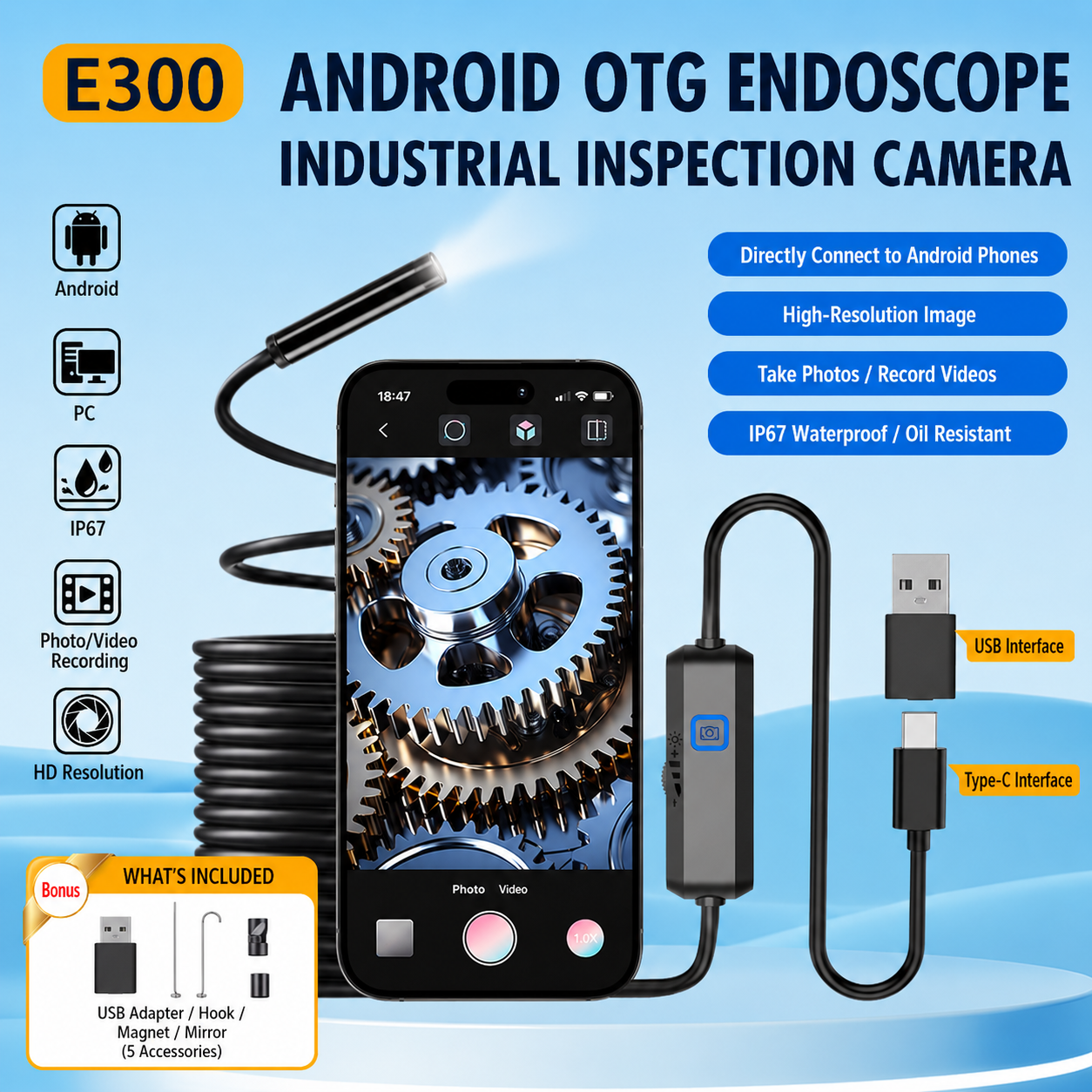 Endoscope Camera with Light,1920P HD Borescope with 6 Adjustable LED Lights, IP67 Waterproof Inspection Borescope