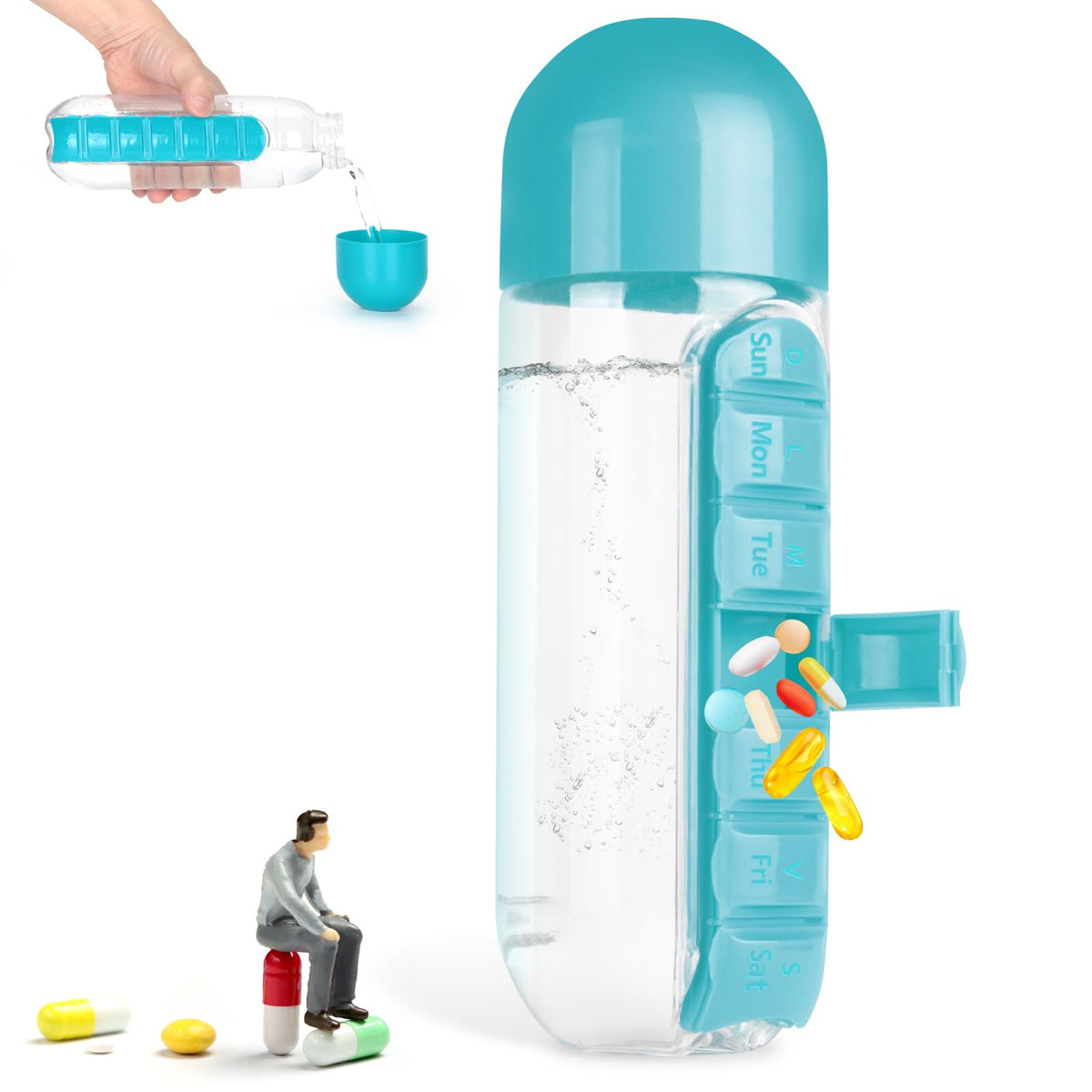 2 in 1 Pill Box Cup Organizer with Water Bottle, 7 Day Pill Organizer Case, 600 ML Daily Medicine Storage Box