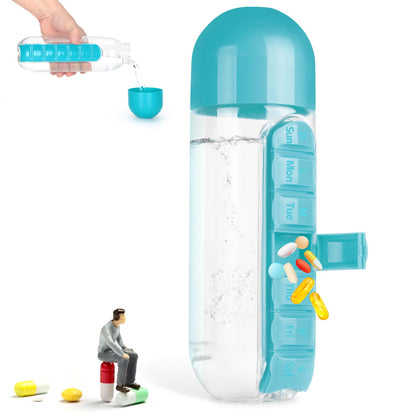2 in 1 Pill Box Cup Organizer with Water Bottle, 7 Day Pill Organizer Case, 600 ML Daily Medicine Storage Box
