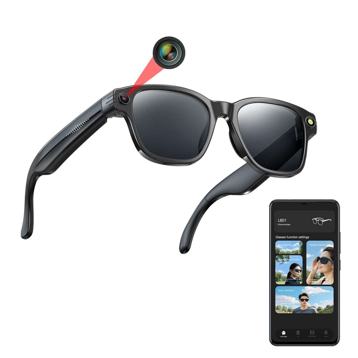AI Smart Glasses Recording with Camera,  Real-Time Translation, Voice Assistant Light-Sensitive Lenses