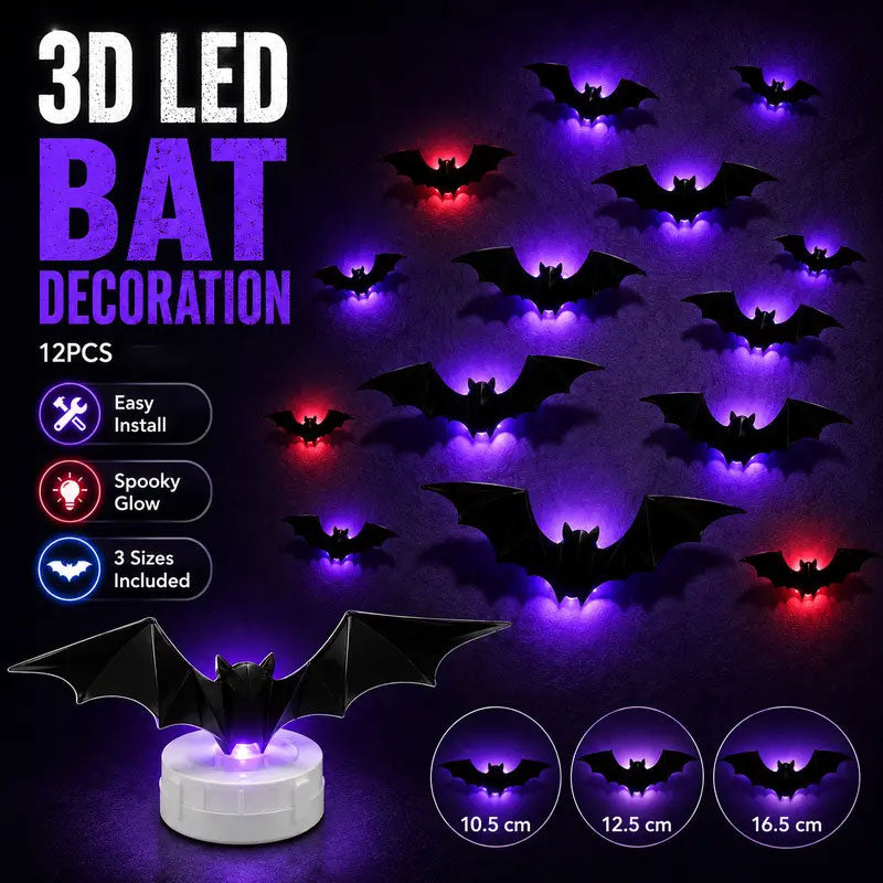12Pcs Halloween Bats Wall Decor, Removable Lighted 3D Bats Wall Stickers Assorted Size