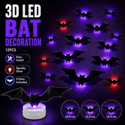 12Pcs Halloween Bats Wall Decor, Removable Lighted 3D Bats Wall Stickers Assorted Size
