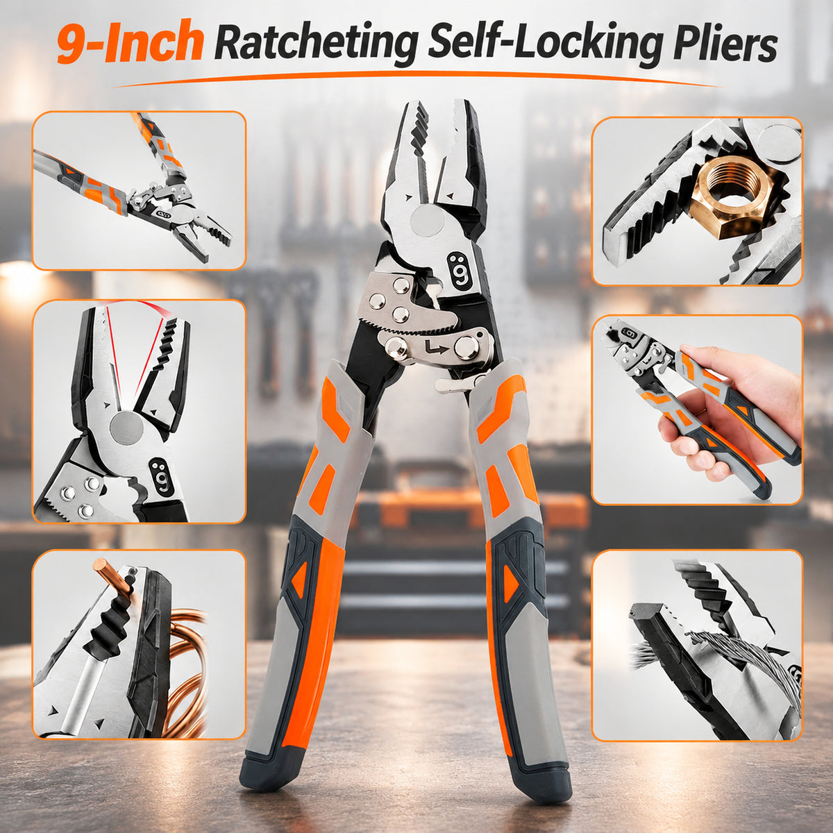 Multifunctional 9-inch Ratcheting Self-Locking Locking Pliers – 4-in-1 One-Handed Operation Tool