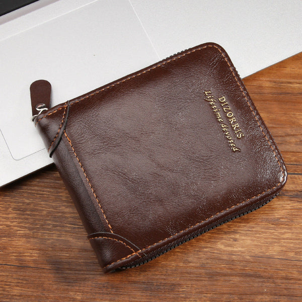 Men's Bi-fold Zip Leather Wallet I Features 9 card slots, 2clear ID windows, anddurable stitching
