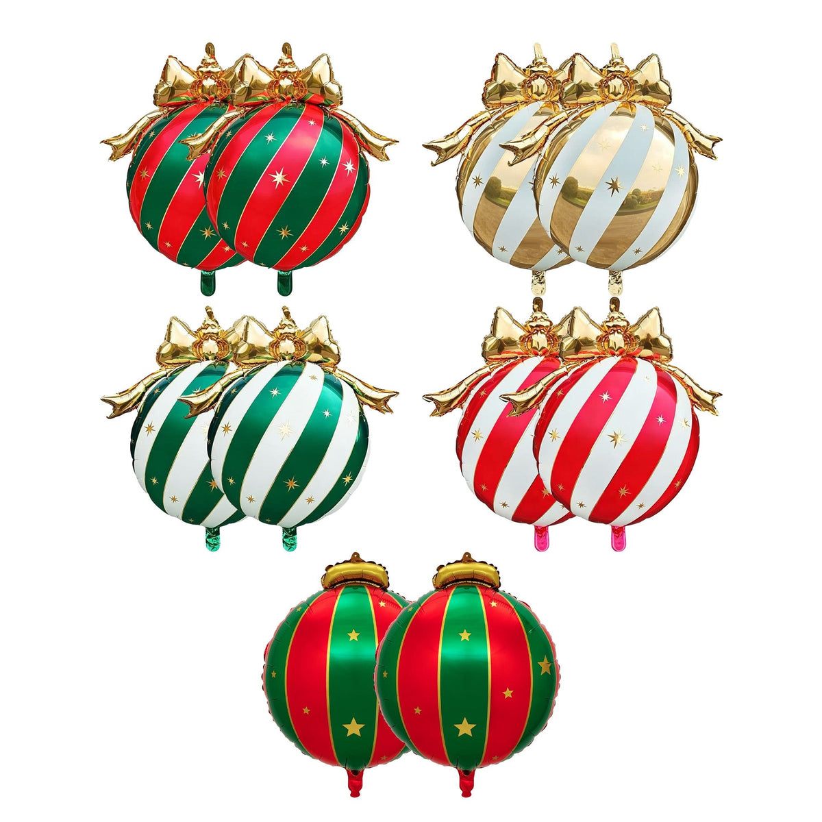 10Pcs Christmas Bow Ornament Foil Balloons Set, Red Green Gold White Striped Bauble Balloons
