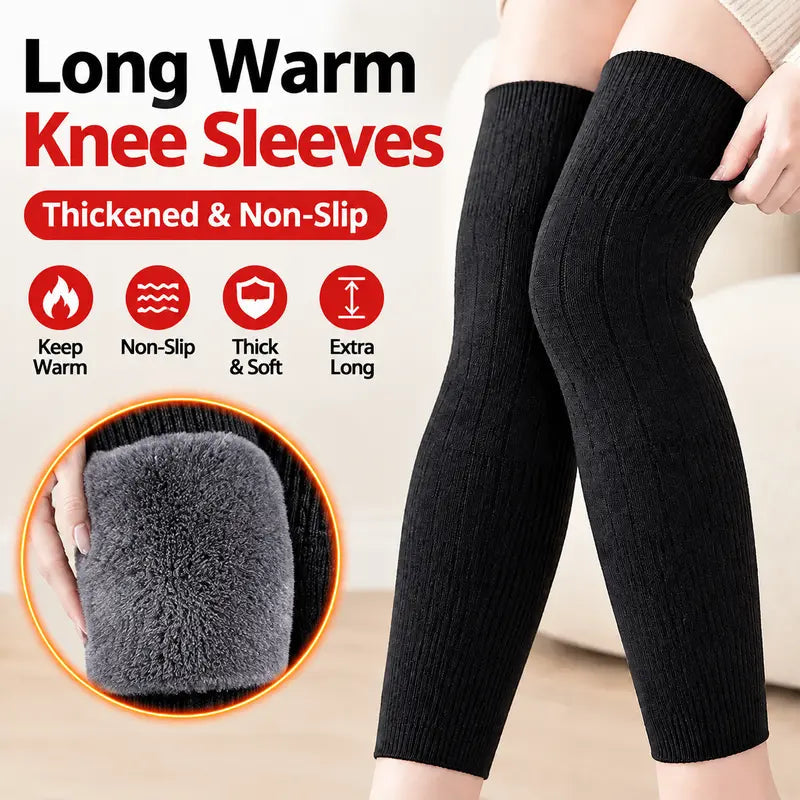 A Pair Elastic Long Knee Pads Thick Wool Lining for Leg Protection