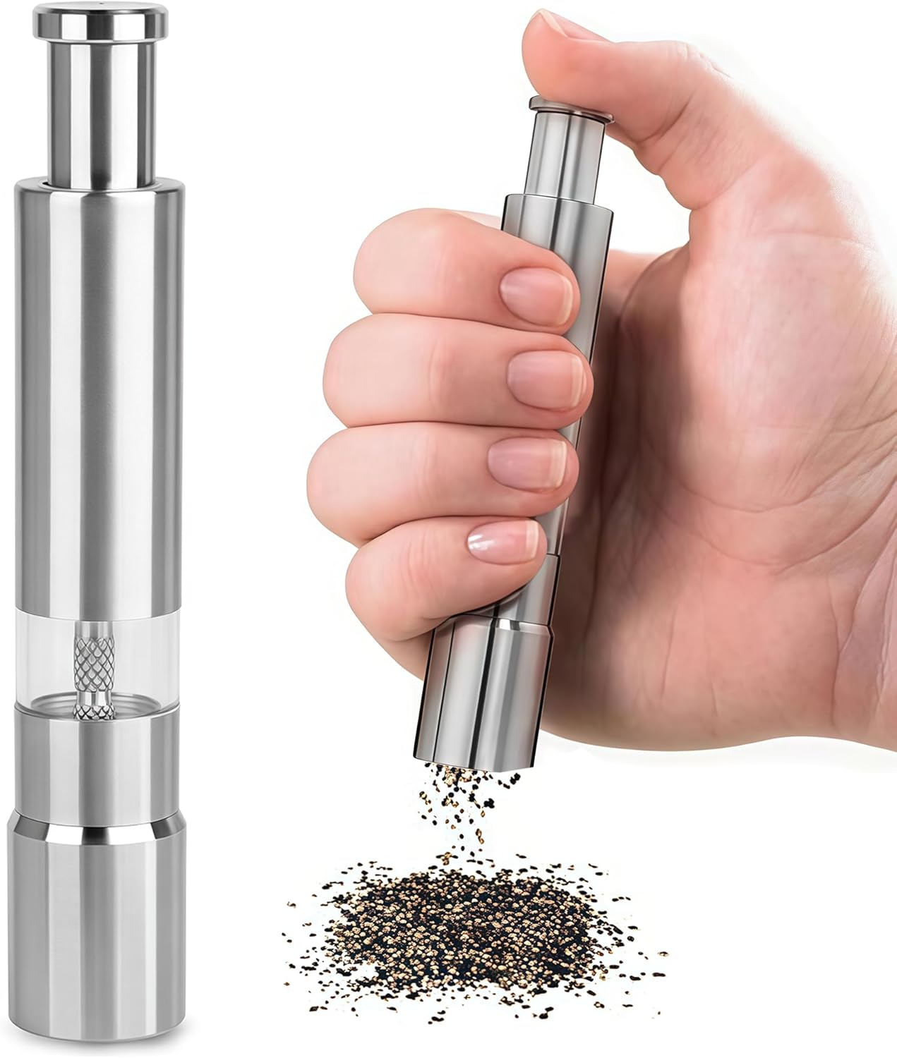 Stainless Steel Pepper Mill Salt Grinder Refillable Design, Manual Salt and Pepper Grinder Set for Spice