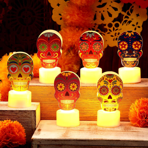 6 Pcs Day of Dead LED Flameless Candles Skull Sugar Decor