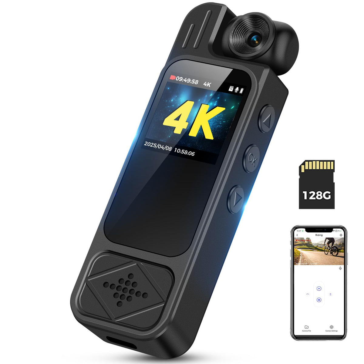 4K Body Camera with Audio and Video Recording Night Vision with 180 Rotating Lens