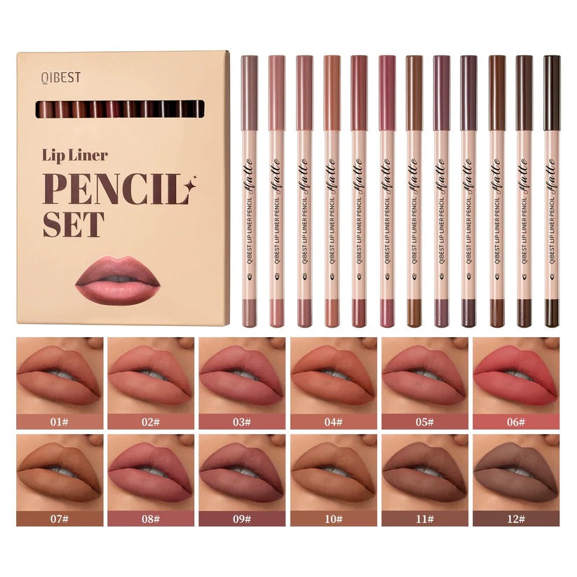 12-Color Matte Lipstick & Lip Liner Set (Wood-Cased)
