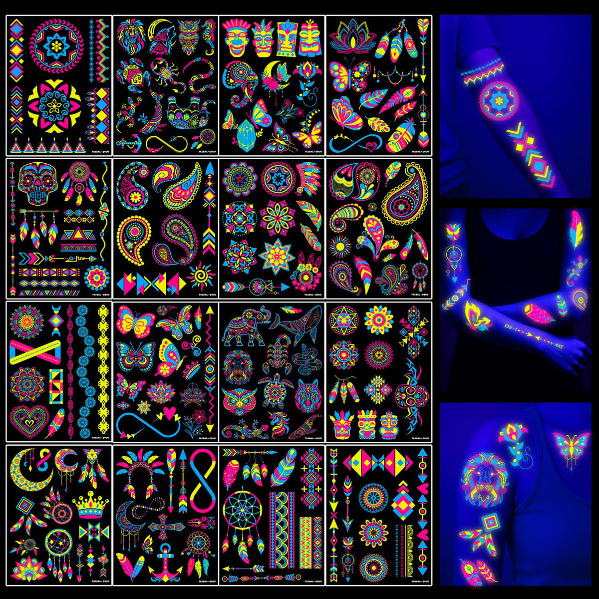 20 Sheets Glow in the Dark UV Blacklight Temporary Tattoos for Adults & Teens
