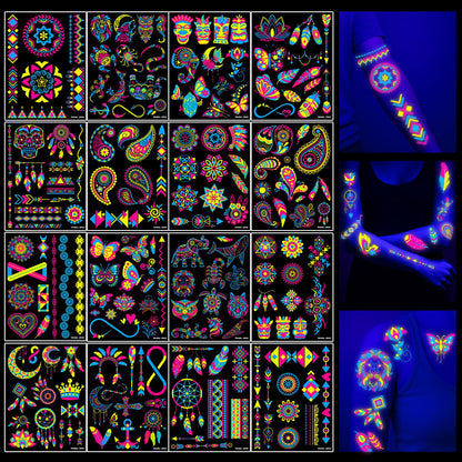 20 Sheets Glow in the Dark UV Blacklight Temporary Tattoos for Adults & Teens